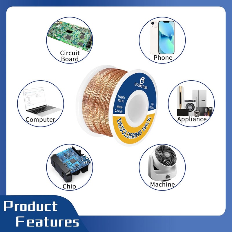 Essmetuin Essmtuin Solder Wick Braid 100Ft with Flux for Electronic, Desoldering Wick Braid Remover Solder, No-Clean Soldering Wick Used to Disassemble Electrical Components (WID 0.1in (2.5mm) - Image 4